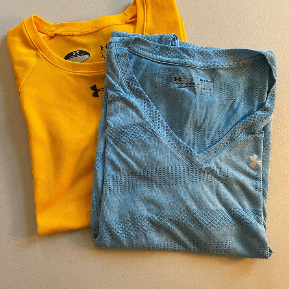 PAIR of Under Armour HeatGear Loose Crew Neck Tees Yellow and Blue